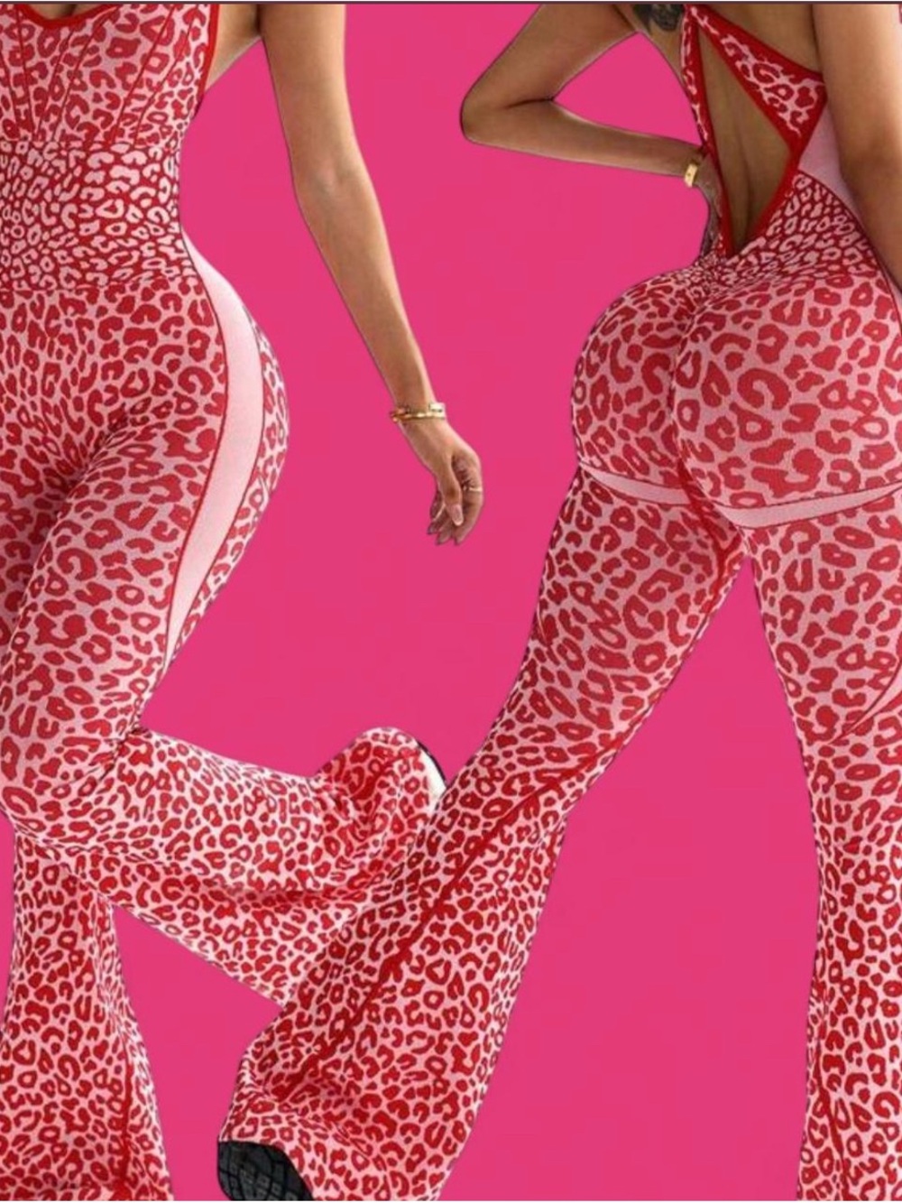 Women's Pink Leopard Print Flared Jumpsuit
